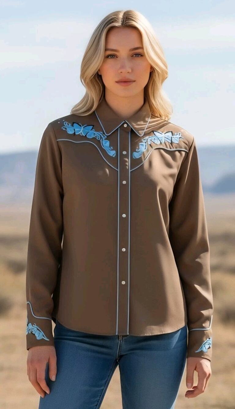 Scully Western XL Brown Embroidered Butterfly Rhinestone Snap Button Long-Sleeve